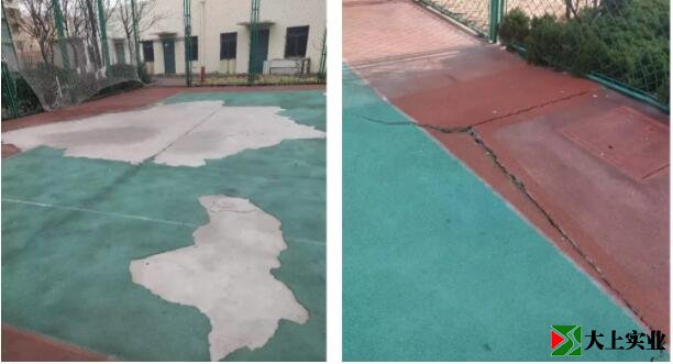 翻新改造前的運(yùn)動(dòng)場(chǎng)地面開裂、塑膠老化起鼓破損